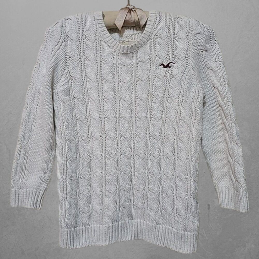 Hollister Women's White Crew Neck Cable Knit Sweater 3/4 Long Sleeves Size L